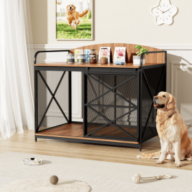 42.8 Heavy Duty Large Dog Crate Furniture For Large Medium Dog, Farmhouse Wooden Dog Kennel Indoor End Table, Decorative Pet House For Large Dogs (Option: Brown)
