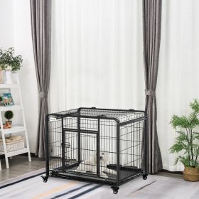 Folding Design Metal Dog Crate & Heavy Duty Kennel with Removable Tray 4 Locking Wheels 37" x 22.75" x 27.25" (Option: Dark grey-950x160x730 mm)